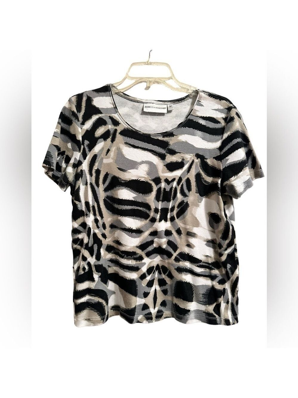 Rebecca Malone Animal Print Blouse, Womens Medium, White, Black, Gray & Taupe
